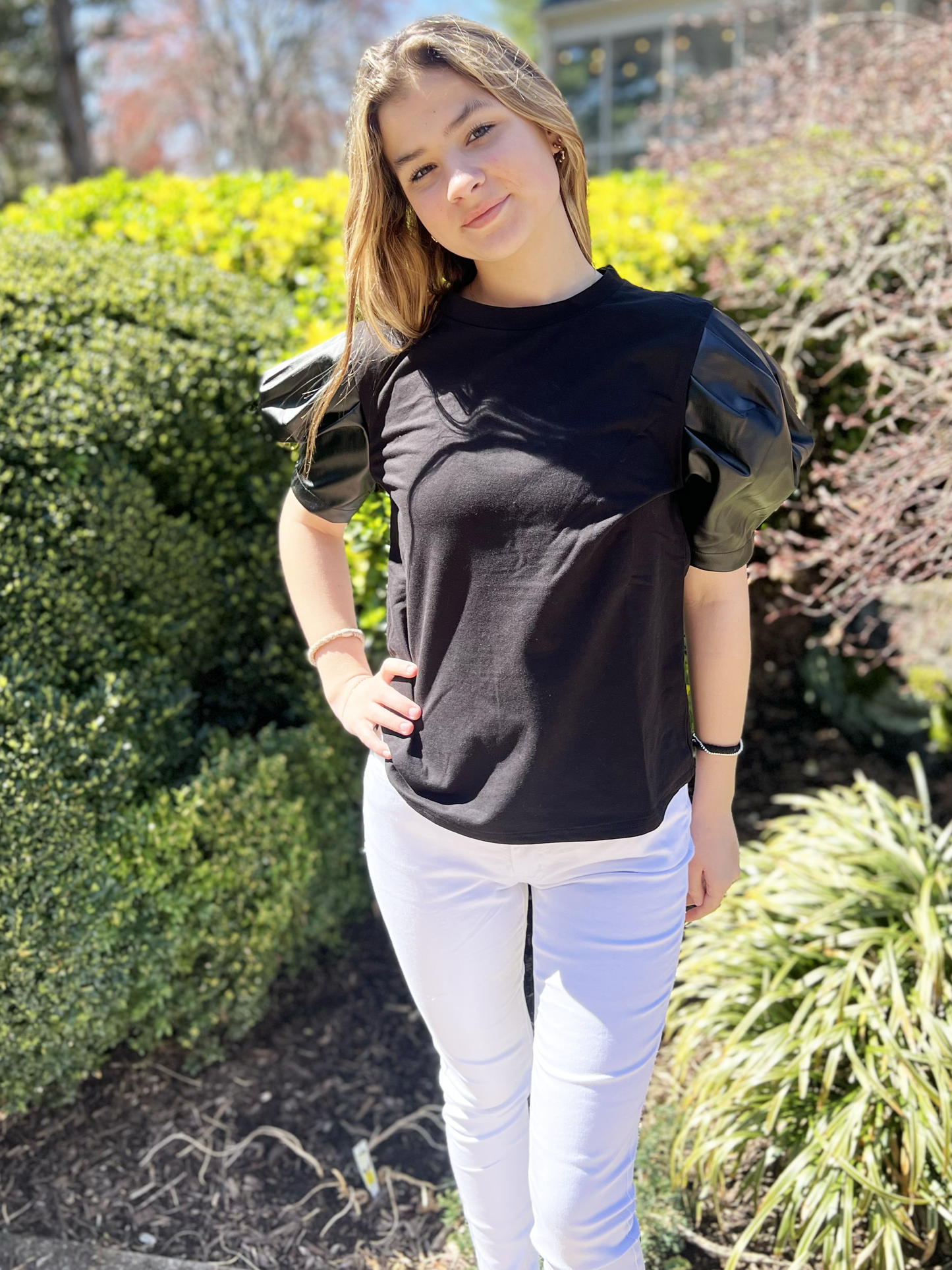 Faux Leather Puff Sleeve Tee