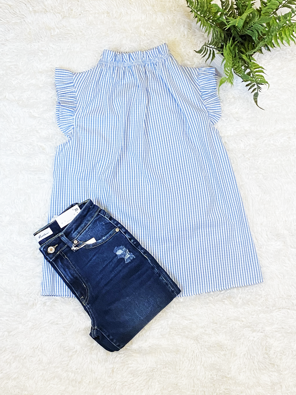 Ruffled Neckline and Sleeve Top (Blue)