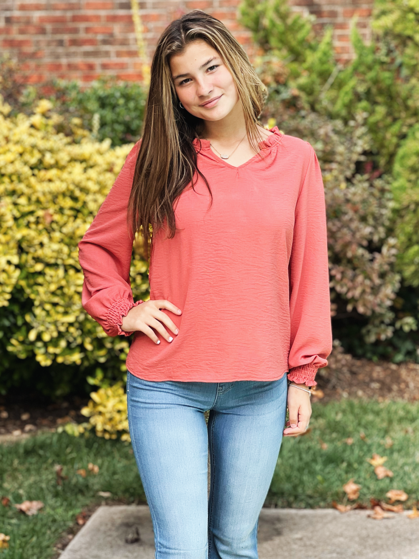 Ruffled V-Neck Detail Top (Terracotta)