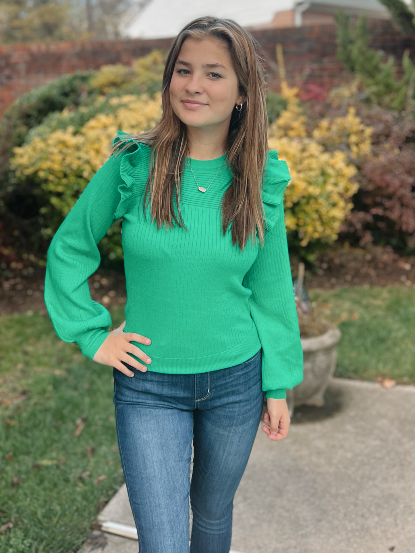 Shoulder Ruffle Crew Neck Sweater