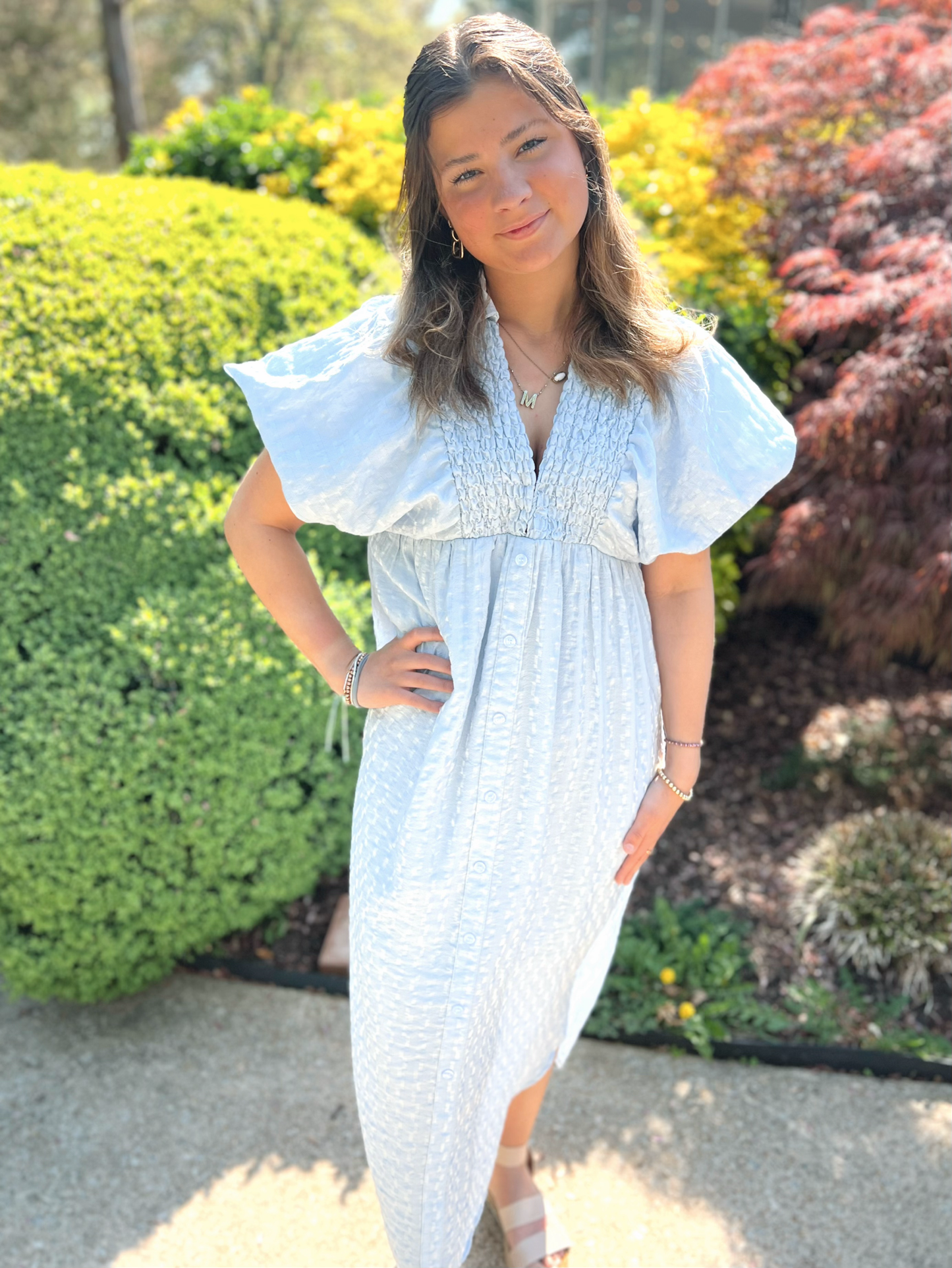 Textured Puff Sleeve Midi Dress
