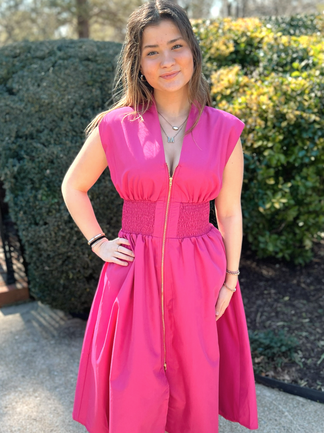 V-Neck Sleeveless Midi Dress (Magenta)