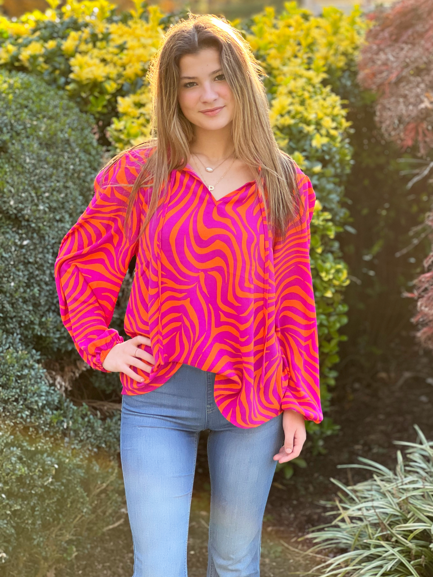 Zebra Print Tie Neck Top