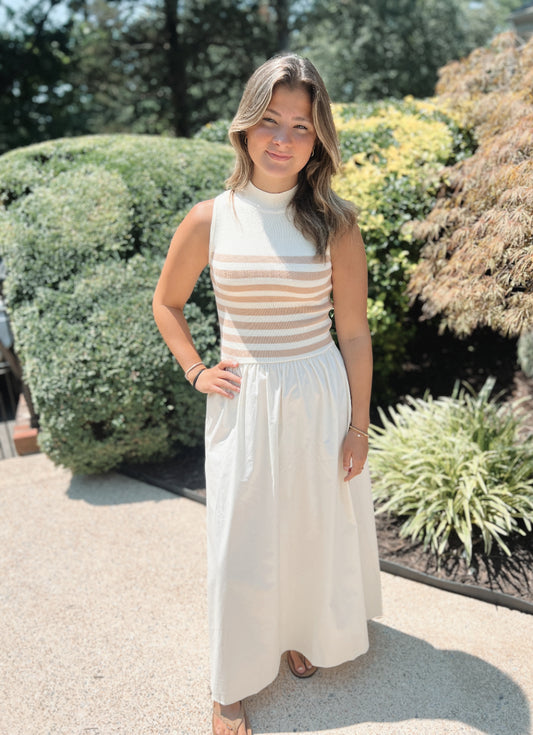 Striped Sleeveless Mock-Neck Maxi Dress (Beige)