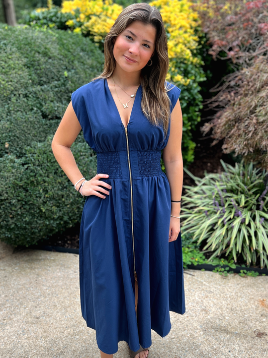 V-Neck Sleeveless Midi Dress (Navy)