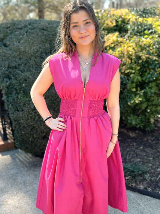 V-Neck Sleeveless Midi Dress (Magenta)